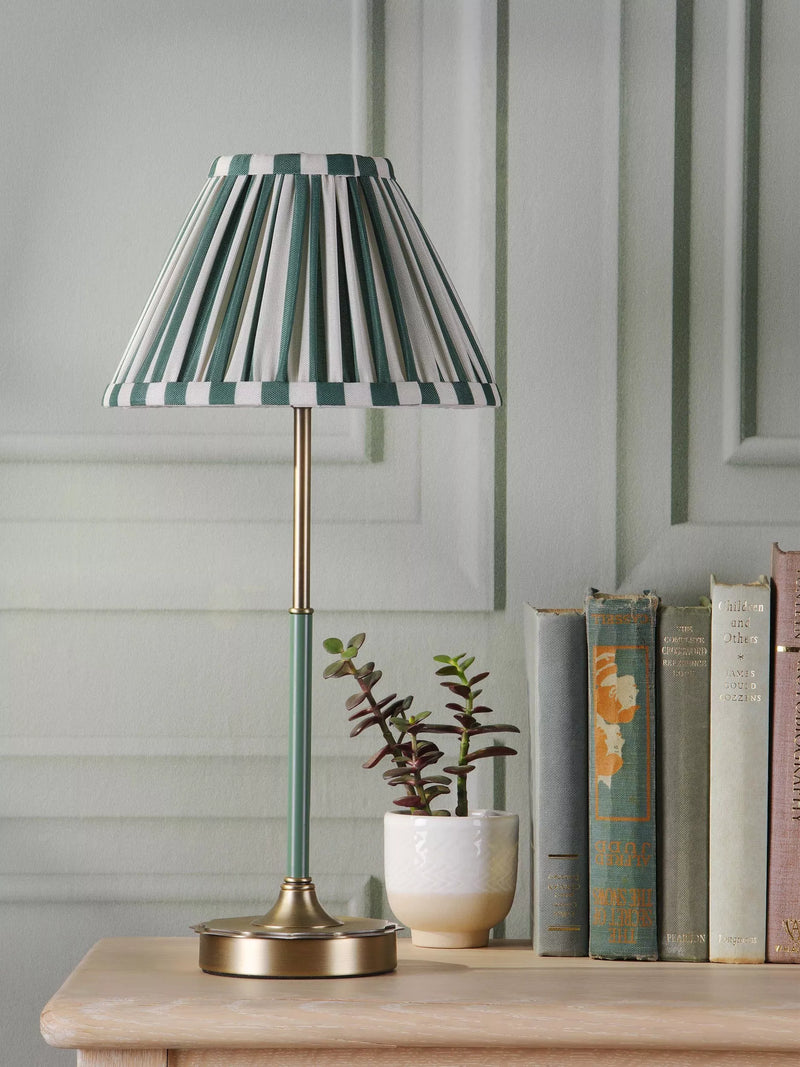 Laura Ashley Denwick pleat stripe table lamp olive green, imported from the UK