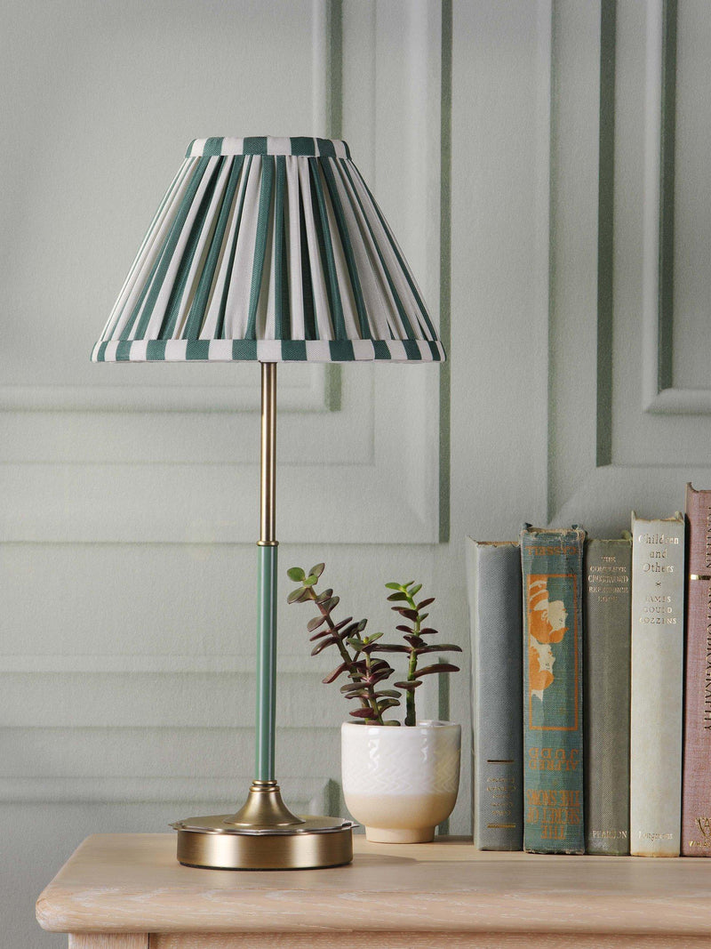 Laura Ashley Denwick pleat stripe table lamp olive green, imported from the UK
