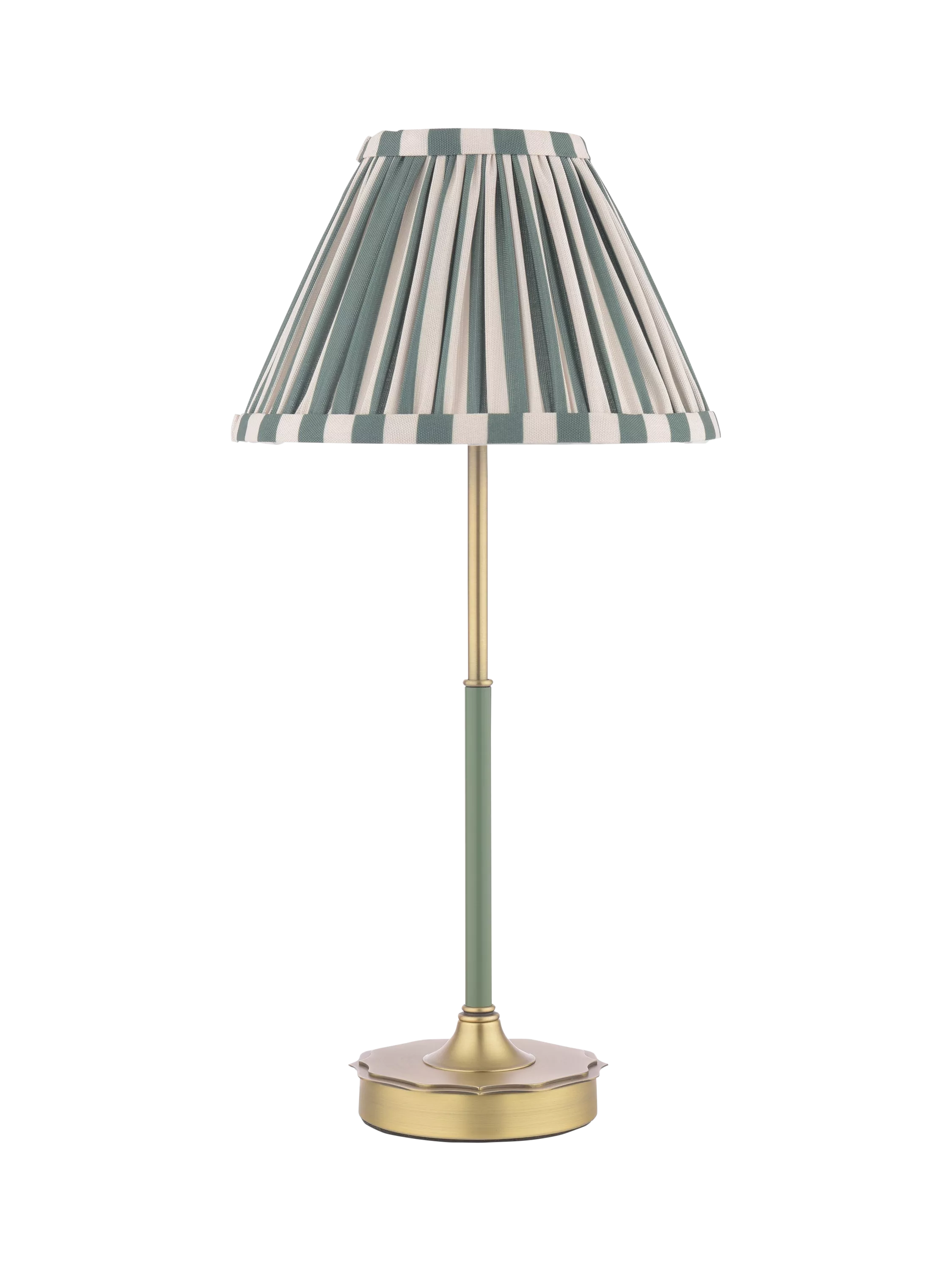 Laura Ashley Denwick pleat stripe table lamp olive green, imported from the UK