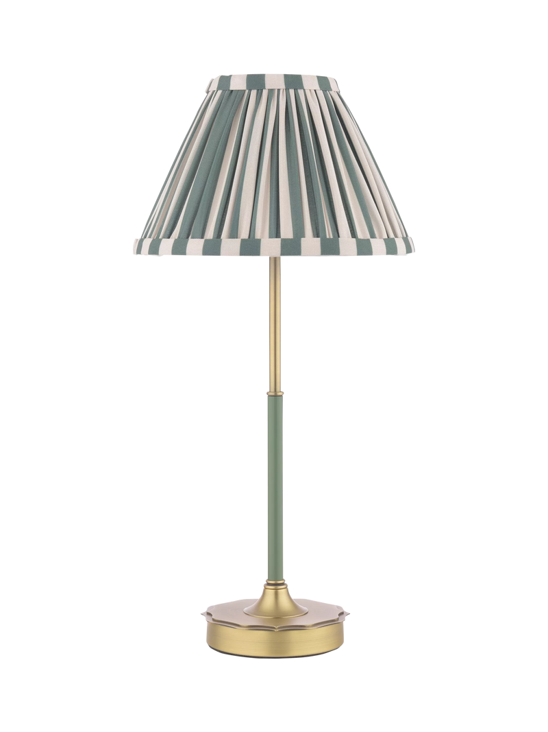 Laura Ashley Denwick pleat stripe table lamp olive green, imported from the UK
