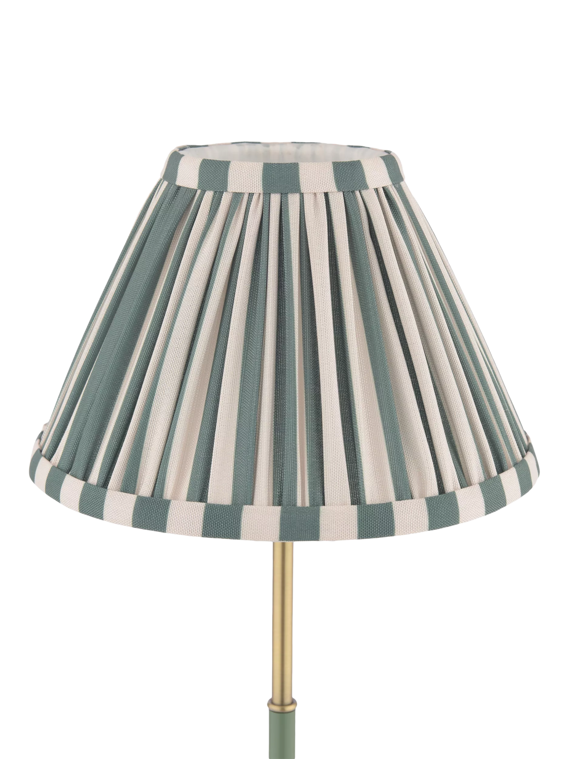 Laura Ashley Denwick pleat stripe table lamp olive green, imported from the UK