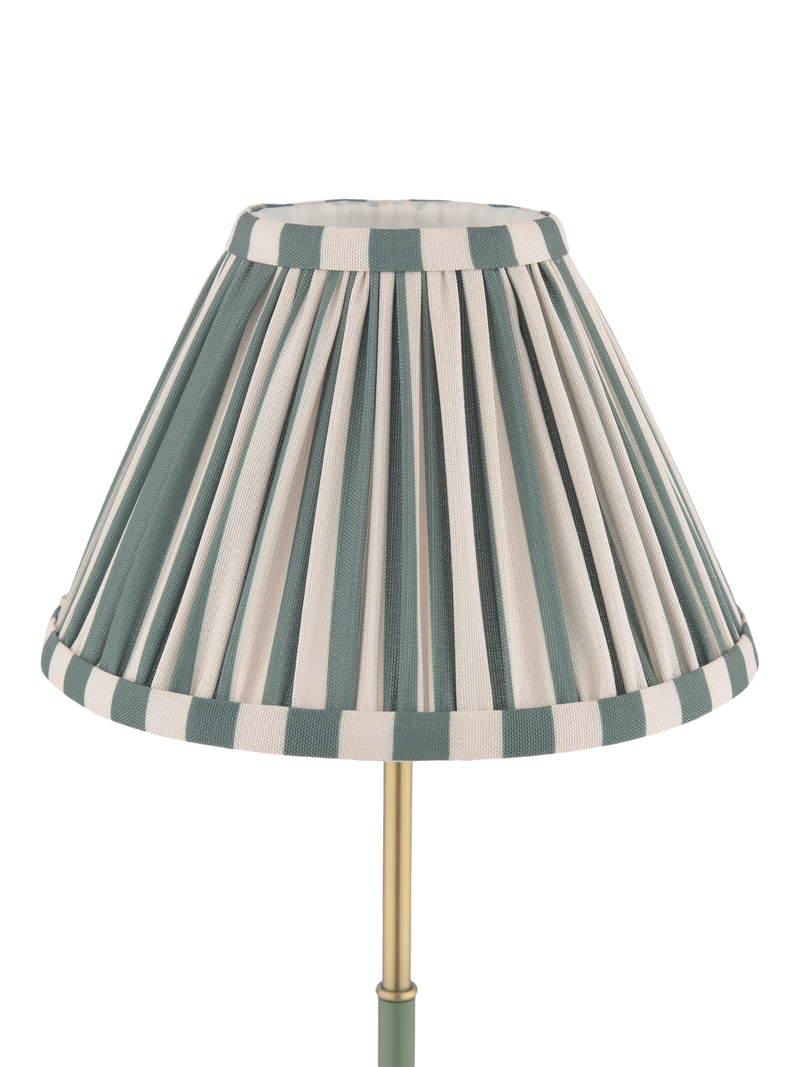 Laura Ashley Denwick pleat stripe table lamp olive green, imported from the UK