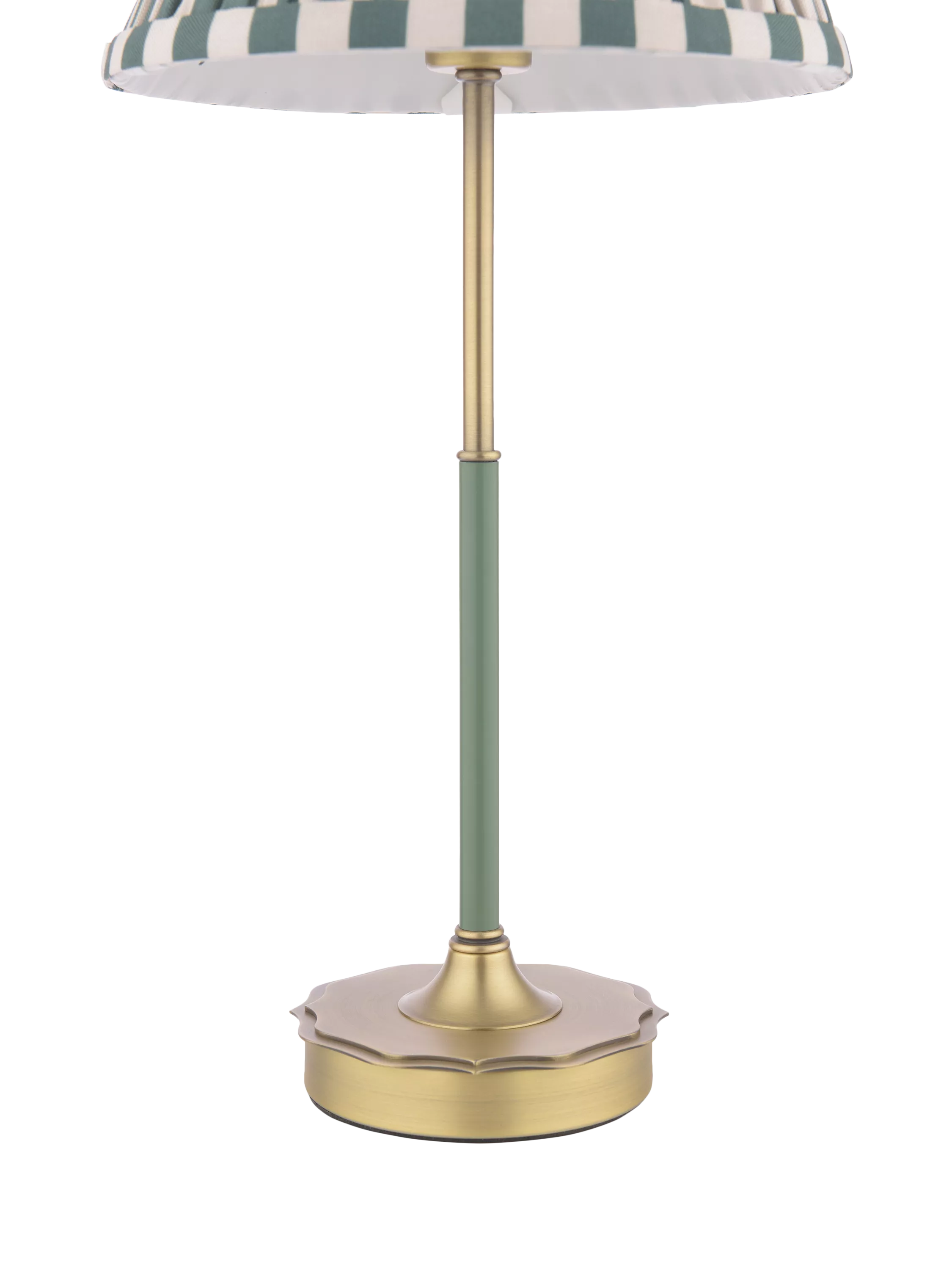 Laura Ashley Denwick pleat stripe table lamp olive green, imported from the UK