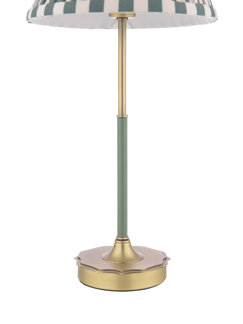 Laura Ashley Denwick pleat stripe table lamp olive green, imported from the UK