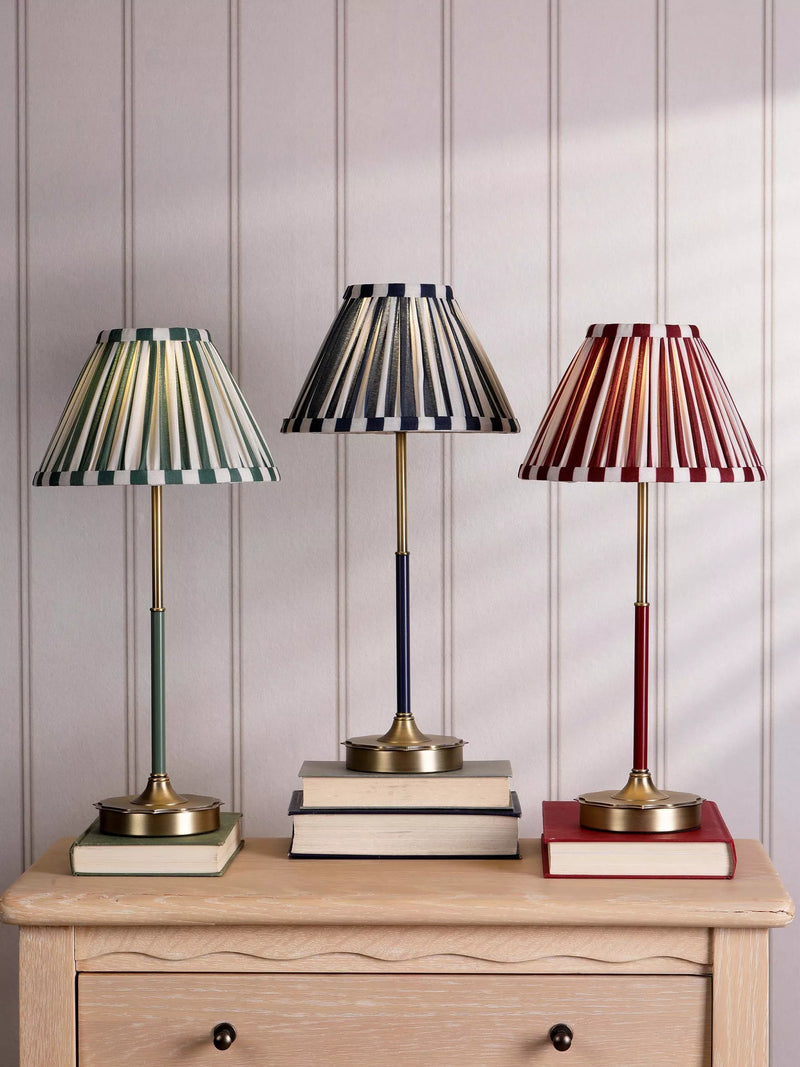 Laura Ashley Denwick pleat stripe table lamp olive green, imported from the UK