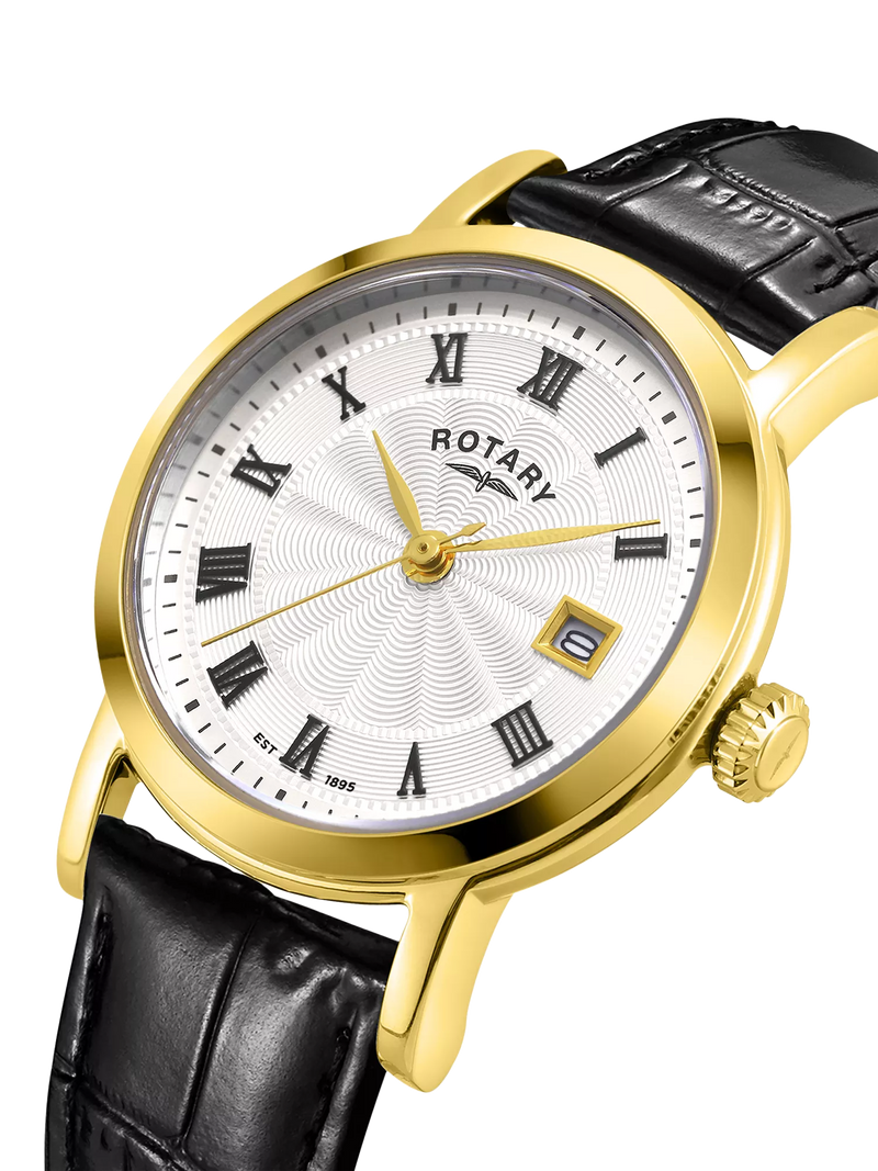 Rotary Heritage women's watch gold PVD case black strap (British brand)