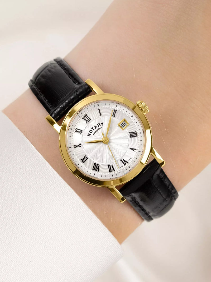Rotary Heritage women's watch gold PVD case black strap (British brand)