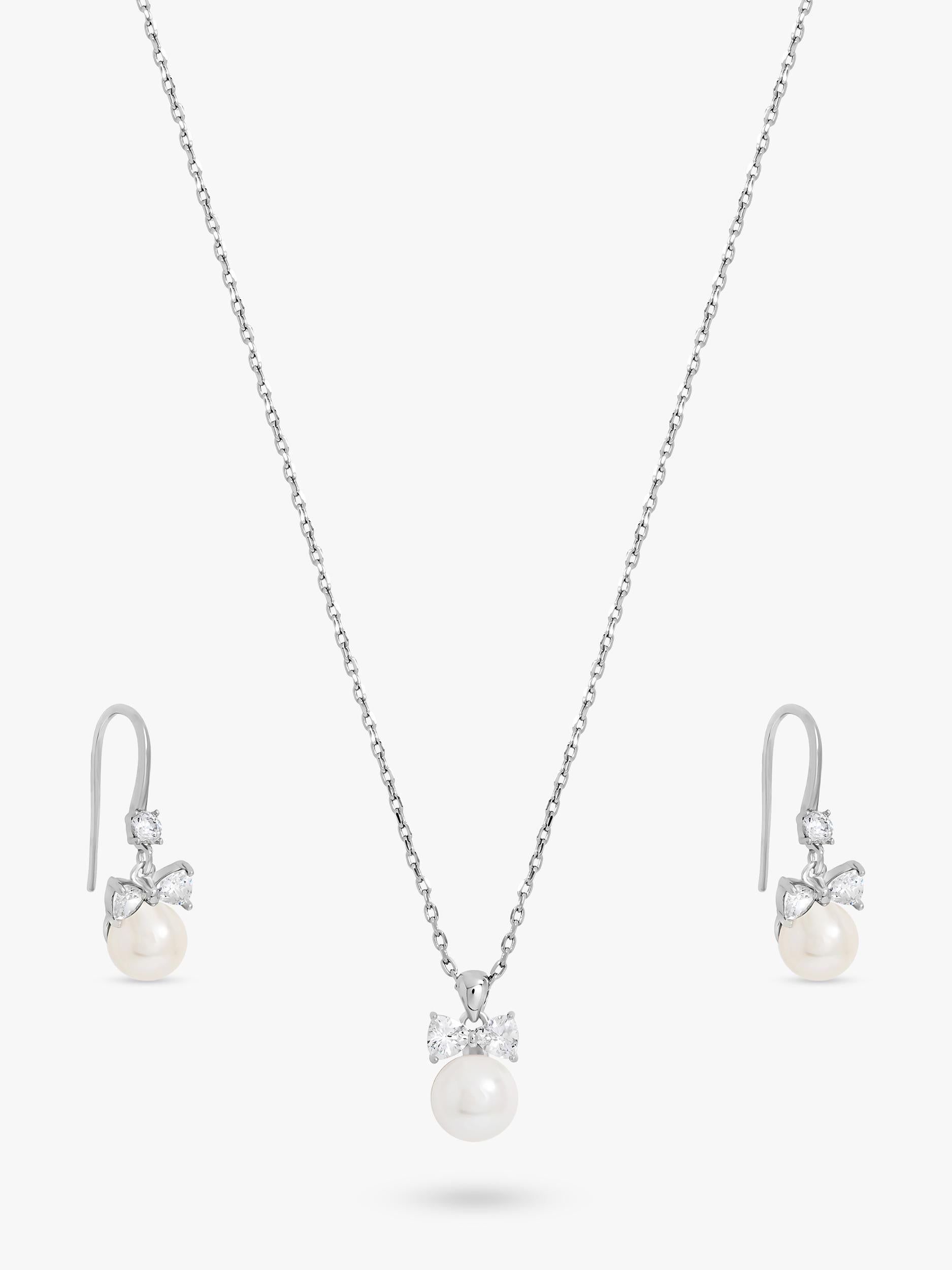 Jon Richard crystal bow and pearl drop earring set in silver, UK version