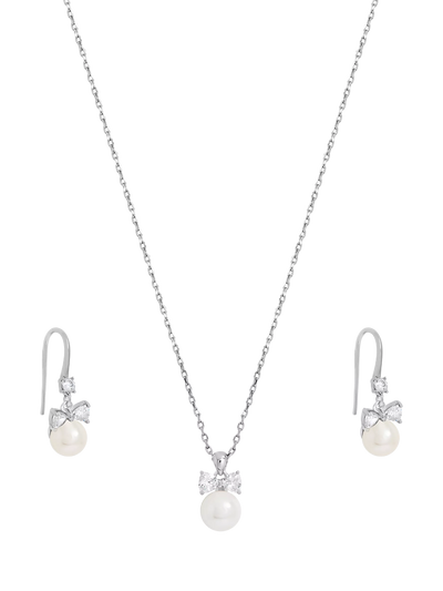 Rhodium Plated Crystal Bow and Pearl Drop Earring Set in Silver