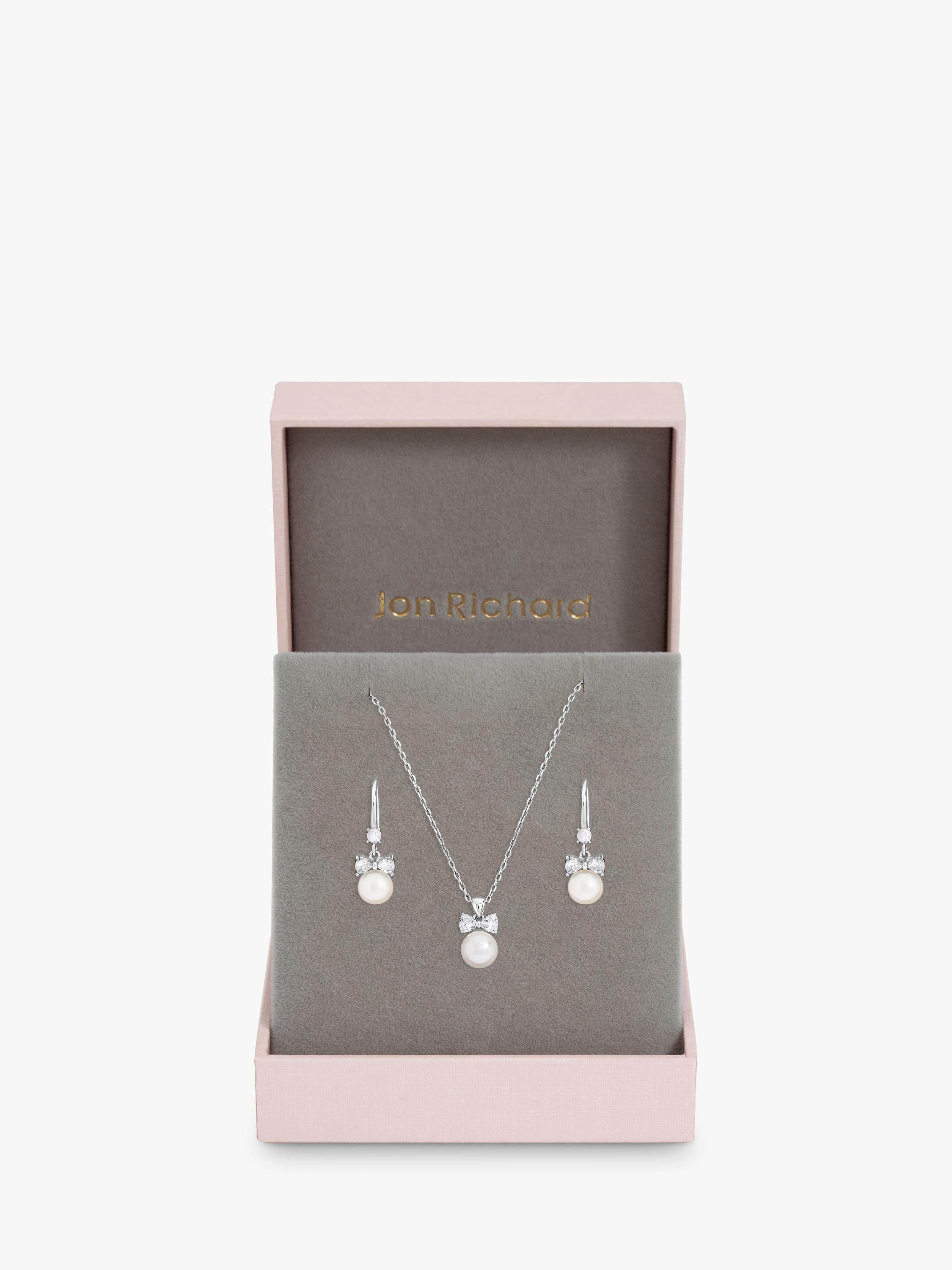 Jon Richard crystal bow and pearl drop earring set in silver, UK version
