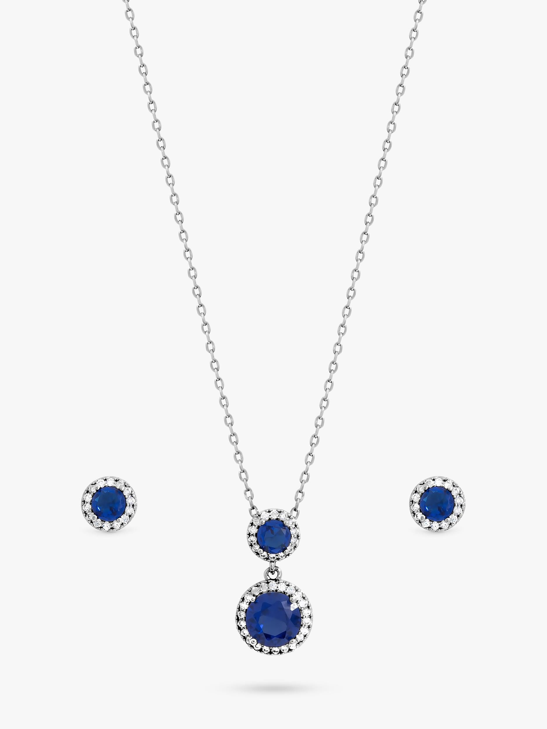 Rhodium-Plated Double Halo Sapphire Drop Earrings Set with Cubic Zirconia