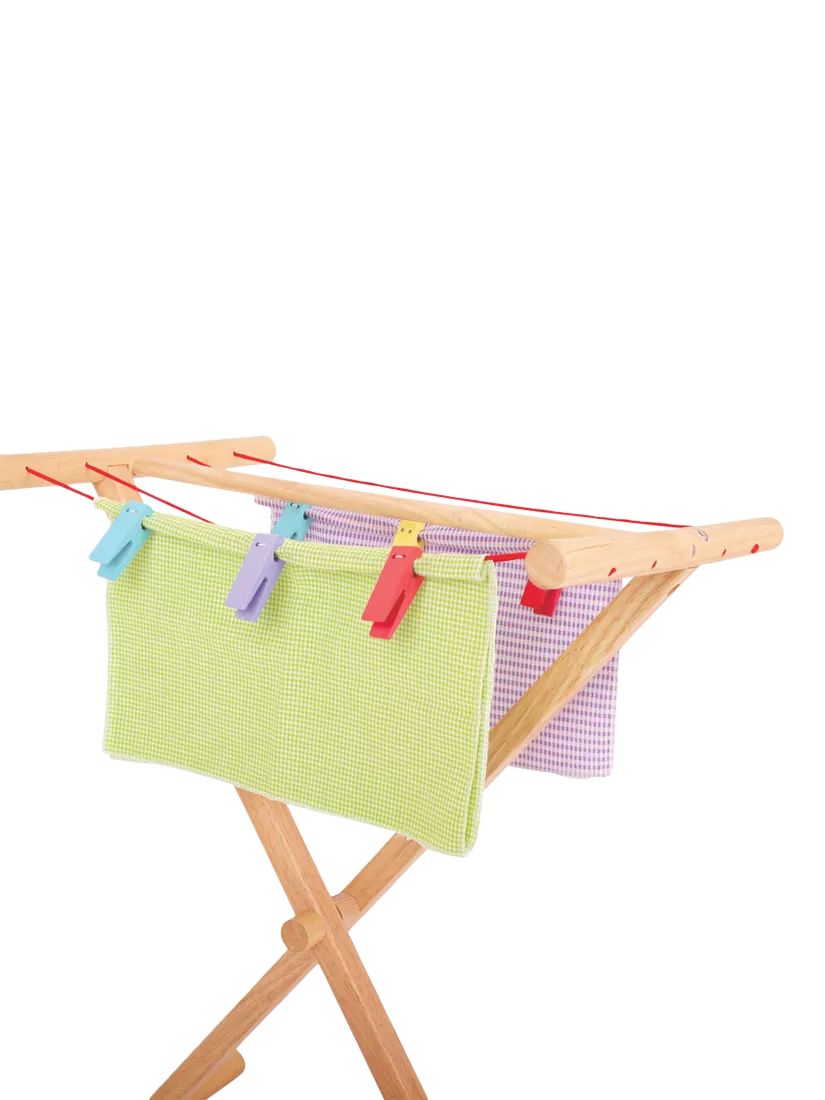 Bigjigs Toys wooden clothes airer with 8 pegs - British product
