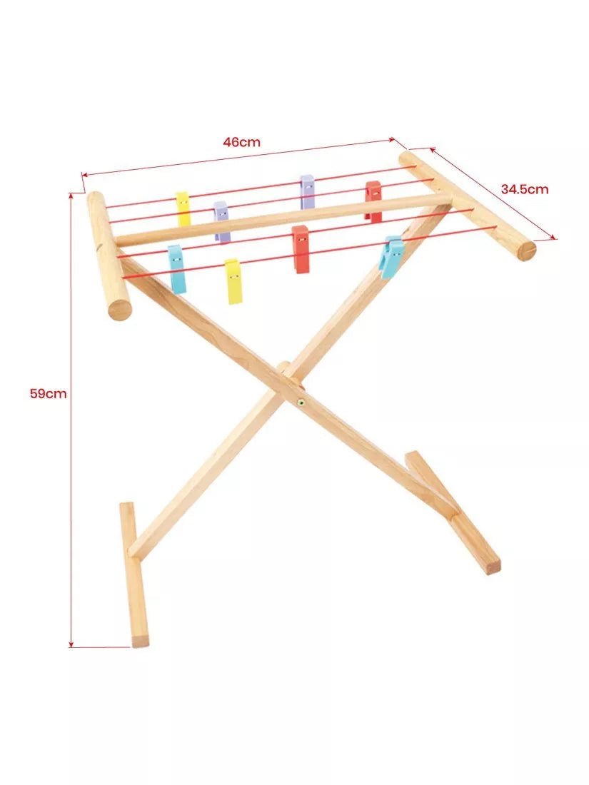 Bigjigs Toys wooden clothes airer with 8 pegs - British product