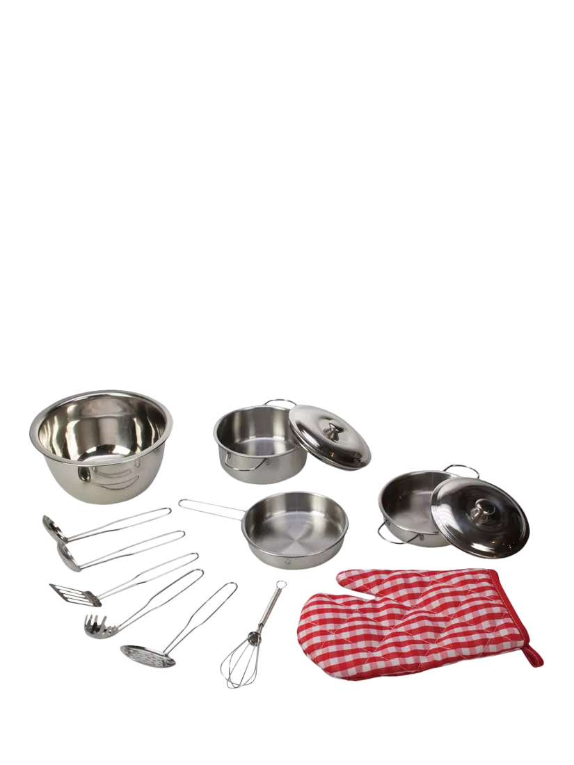 Bigjigs Toys kids kitchen set with stainless steel pots 14cm, imported from the UK