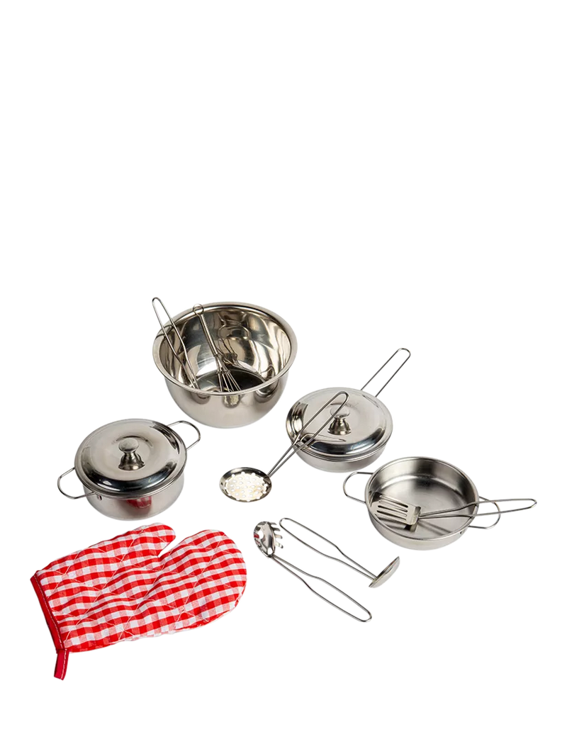 Bigjigs Toys kids kitchen set with stainless steel pots 14cm, imported from the UK