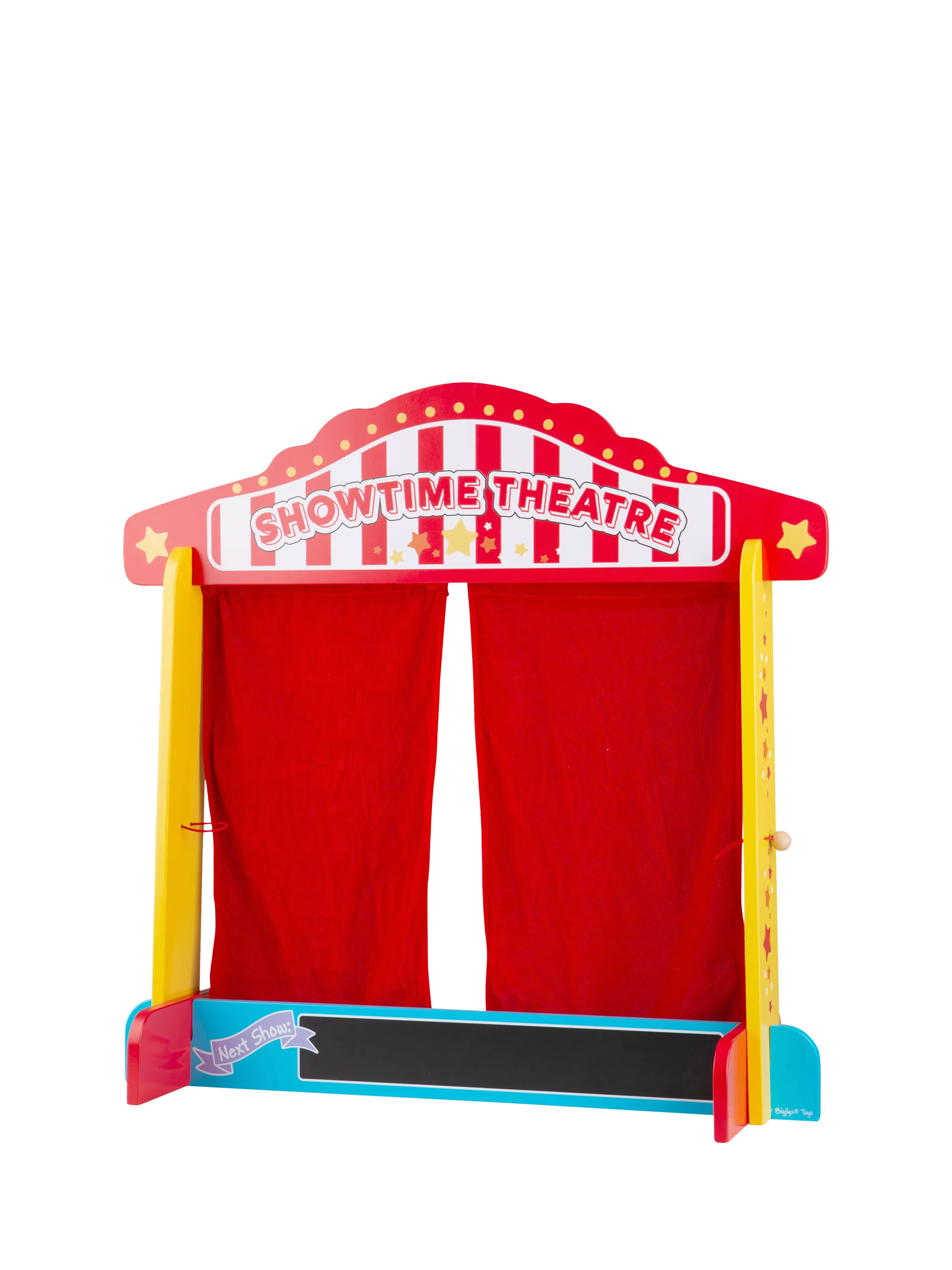Bigjigs Toys Showtime wooden puppet theatre with red silk curtains - British product