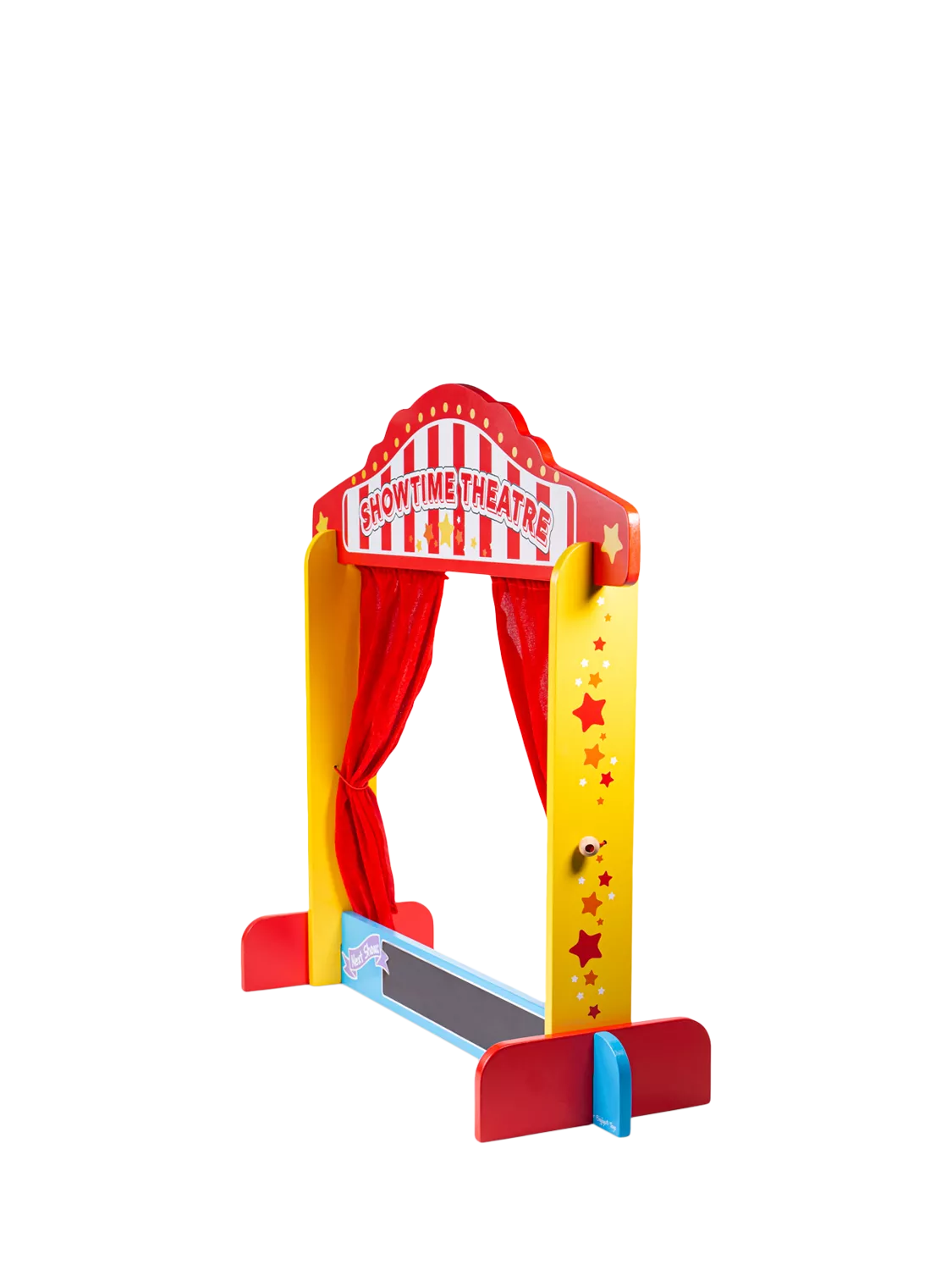 Bigjigs Toys Showtime wooden puppet theatre with red silk curtains - British product