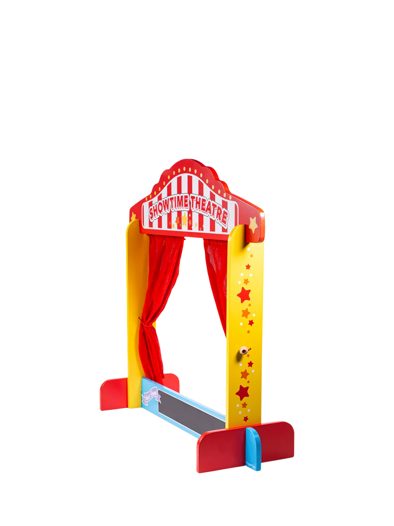 Bigjigs Toys Showtime wooden puppet theatre with red silk curtains - British product