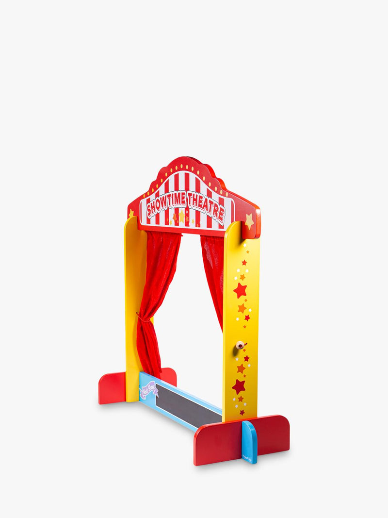 Bigjigs Toys Showtime wooden puppet theatre with red silk curtains - British product