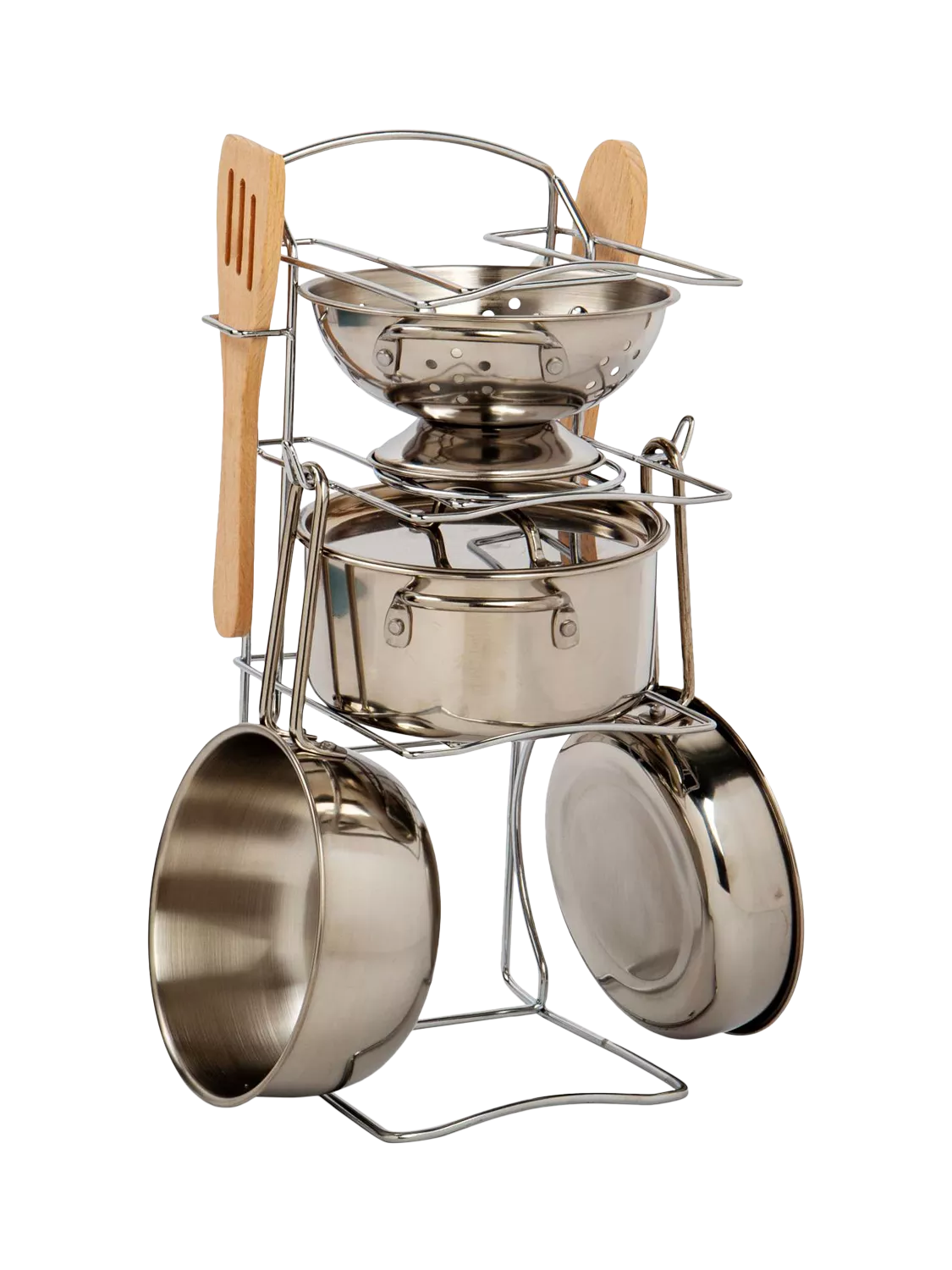 Bigjigs Toys cooking pot rack with pots and utensils (British brand)