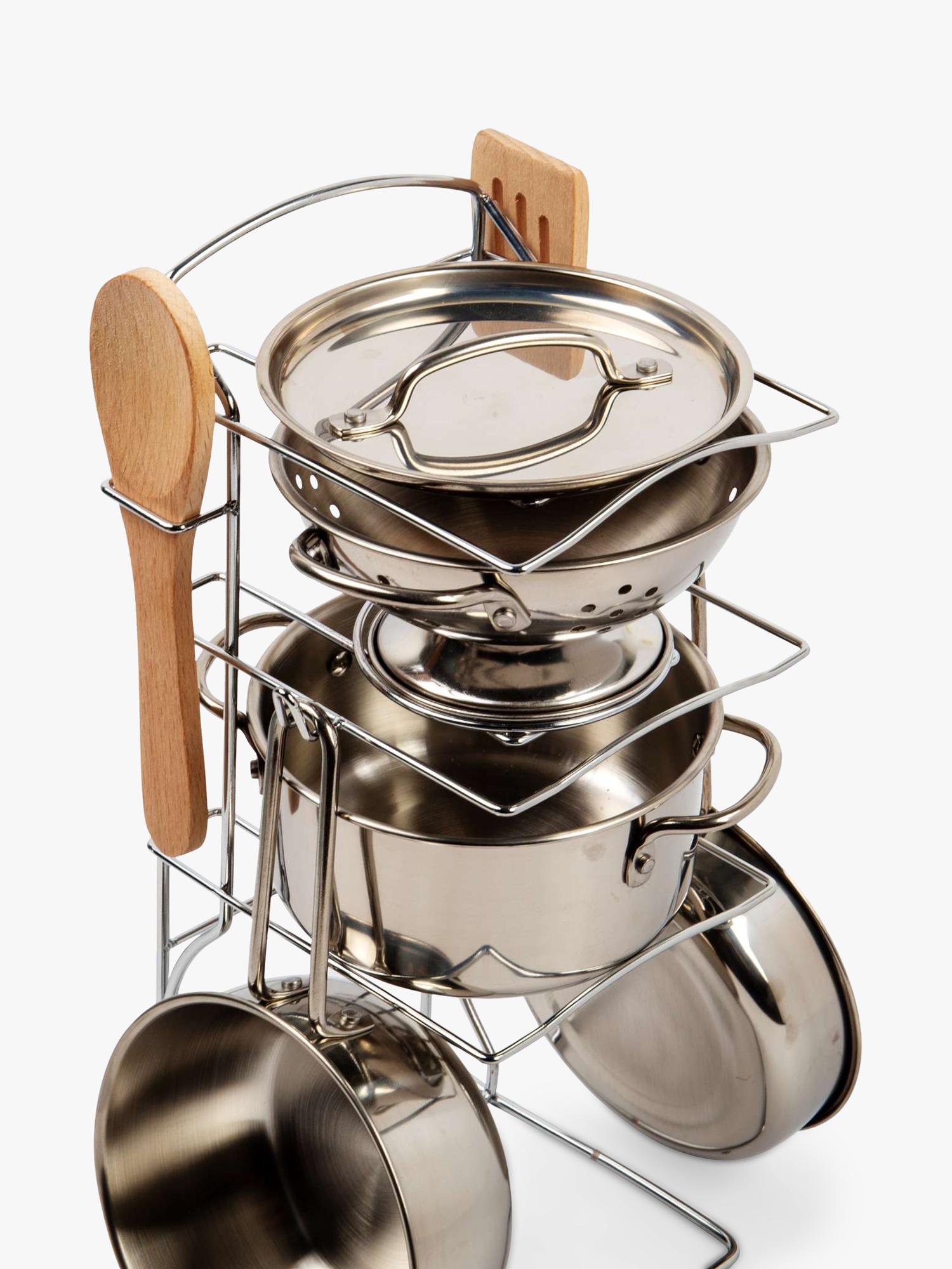 Bigjigs Toys cooking pot rack with pots and utensils (British brand)
