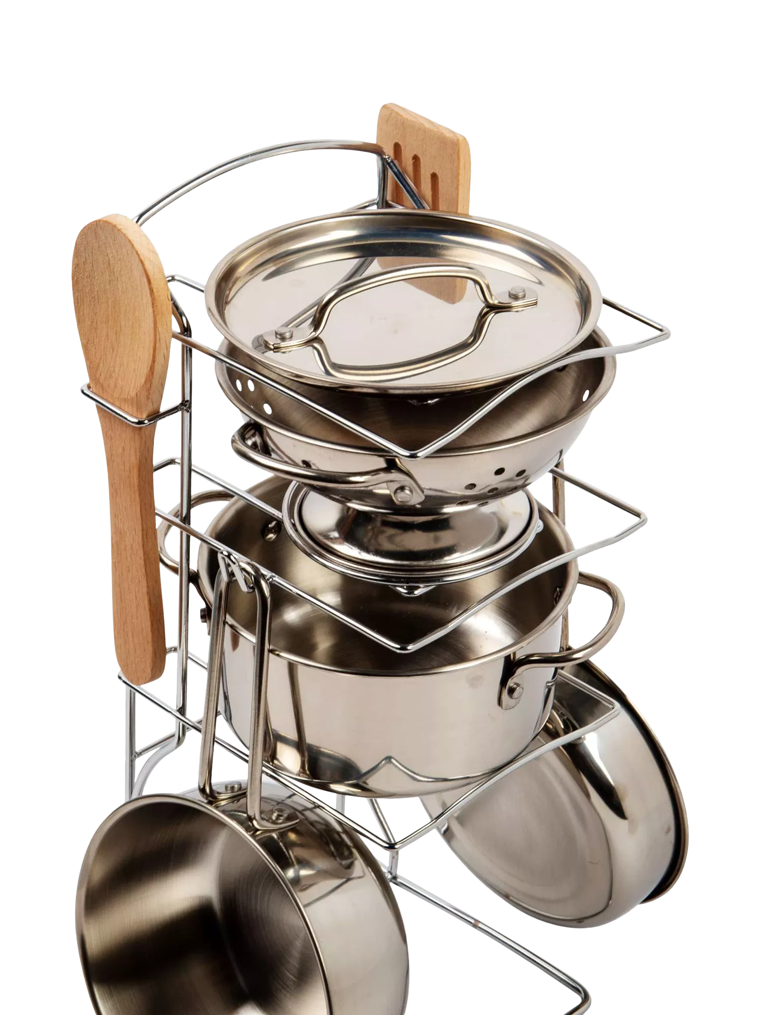 Bigjigs Toys cooking pot rack with pots and utensils (British brand)