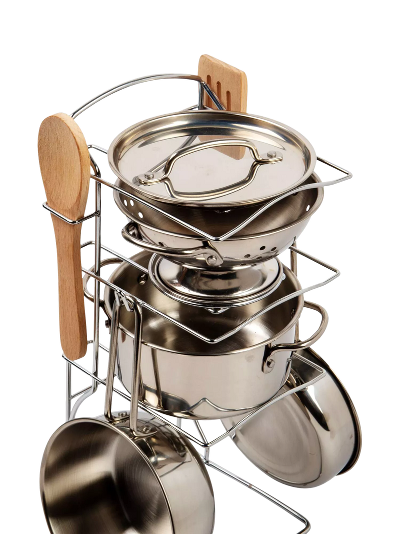 Bigjigs Toys cooking pot rack with pots and utensils (British brand)