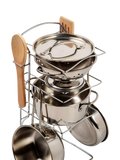 Bigjigs Toys cooking pot rack with pots and utensils (British brand)