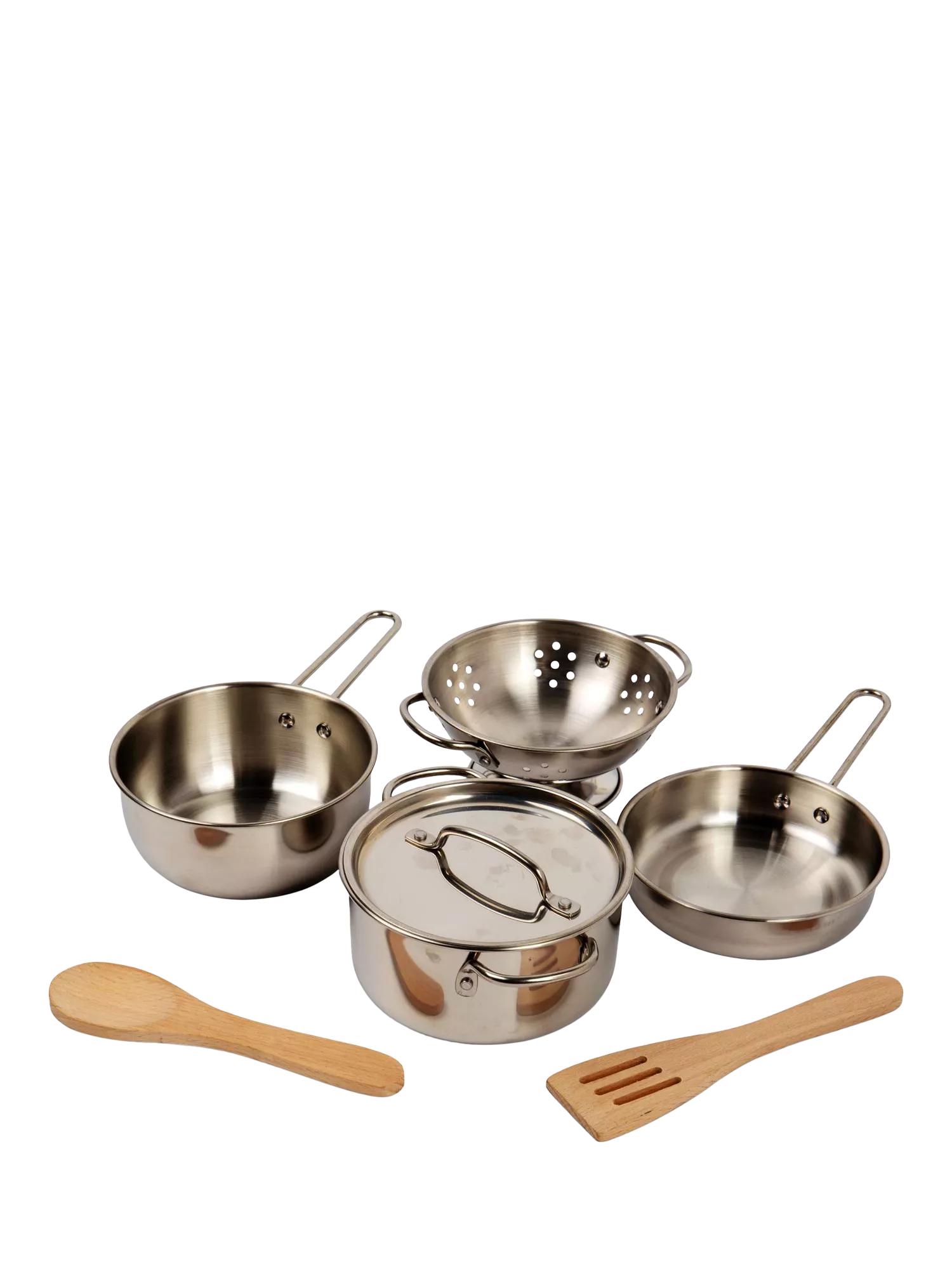 Bigjigs Toys cooking pot rack with pots and utensils (British brand)