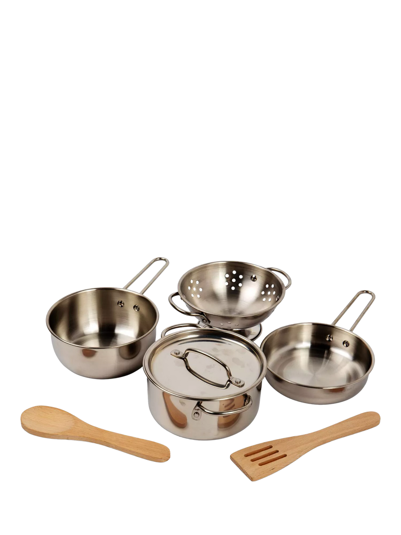 Bigjigs Toys cooking pot rack with pots and utensils (British brand)