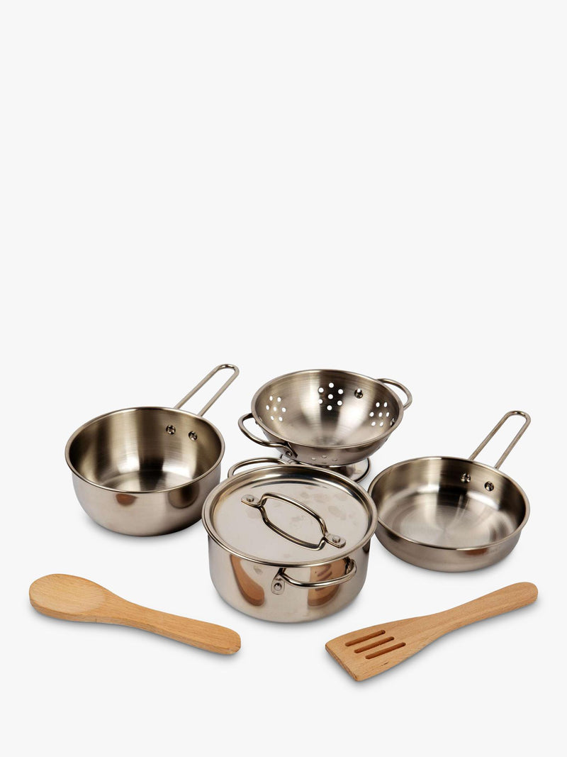 Bigjigs Toys cooking pot rack with pots and utensils (British brand)