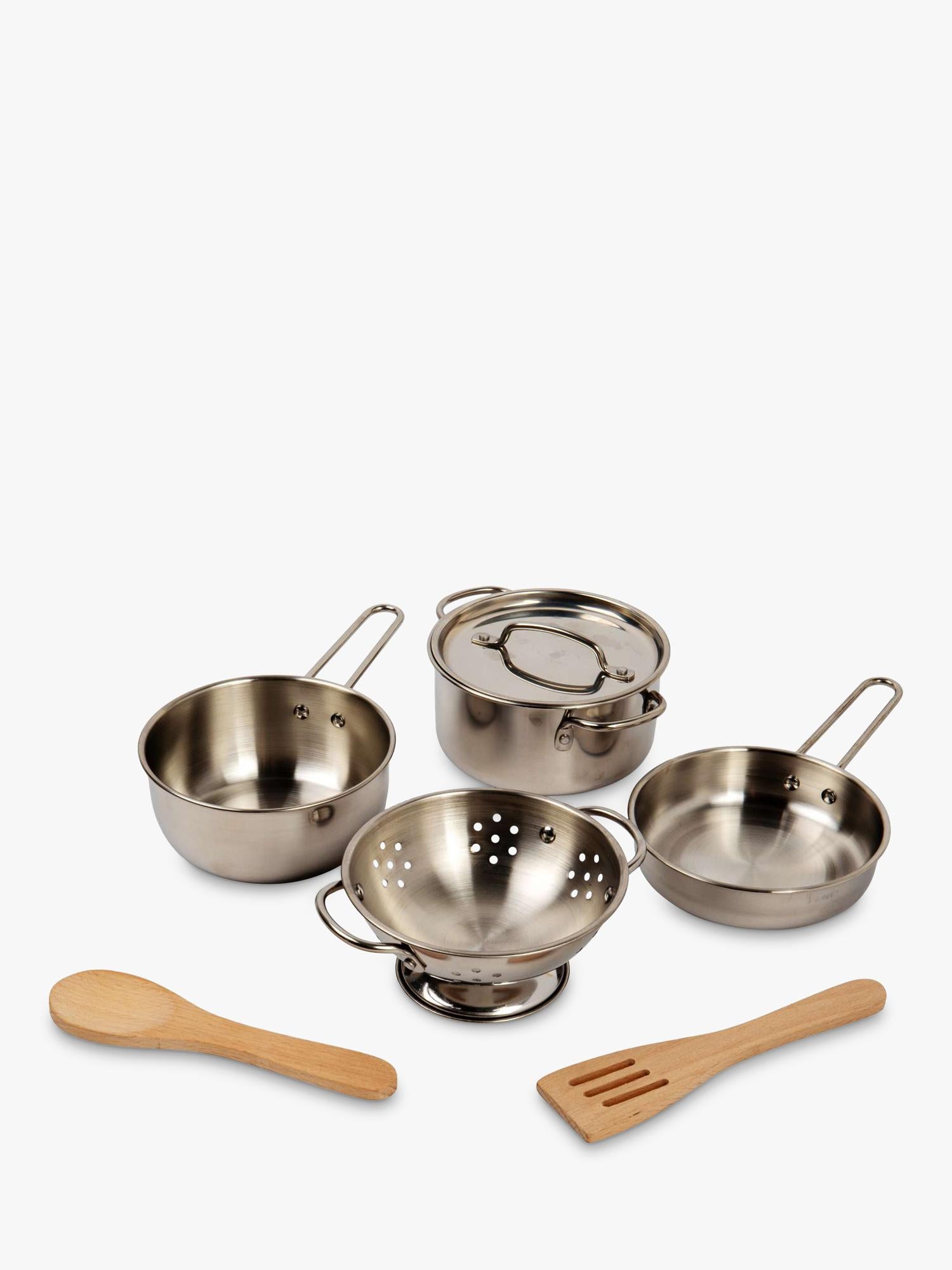 Bigjigs Toys cooking pot rack with pots and utensils (British brand)