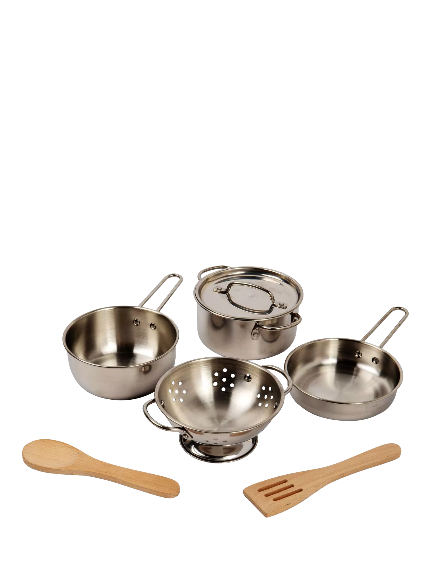 Bigjigs Toys cooking pot rack with pots and utensils (British brand)