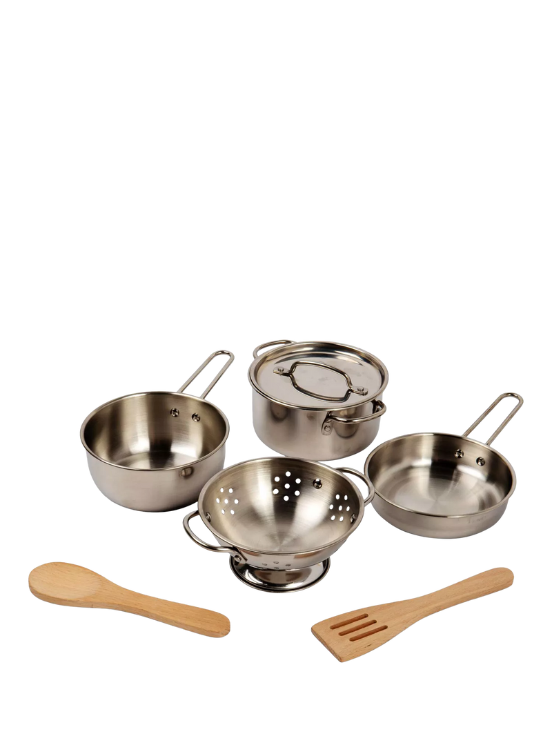 Bigjigs Toys cooking pot rack with pots and utensils (British brand)