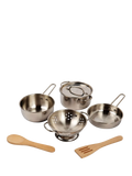 Bigjigs Toys cooking pot rack with pots and utensils (British brand)
