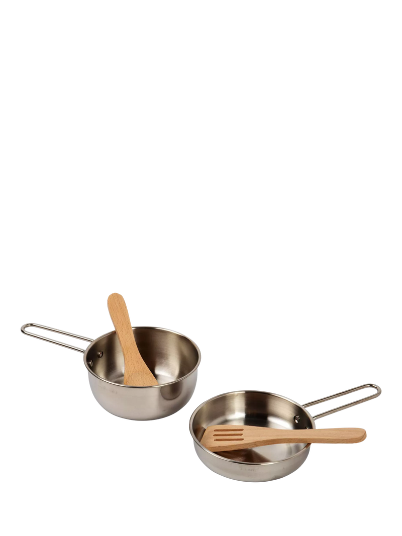 Bigjigs Toys cooking pot rack with pots and utensils (British brand)