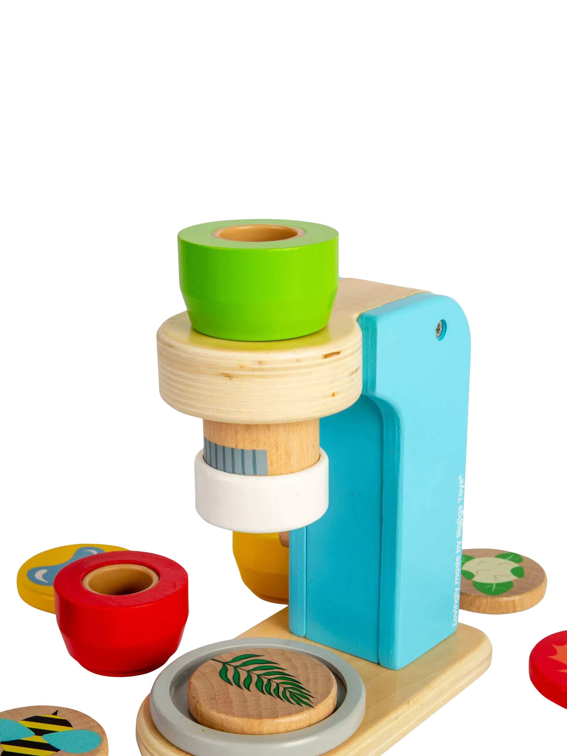 Bigjigs Toys wooden microscope with lenses and disks, UK version