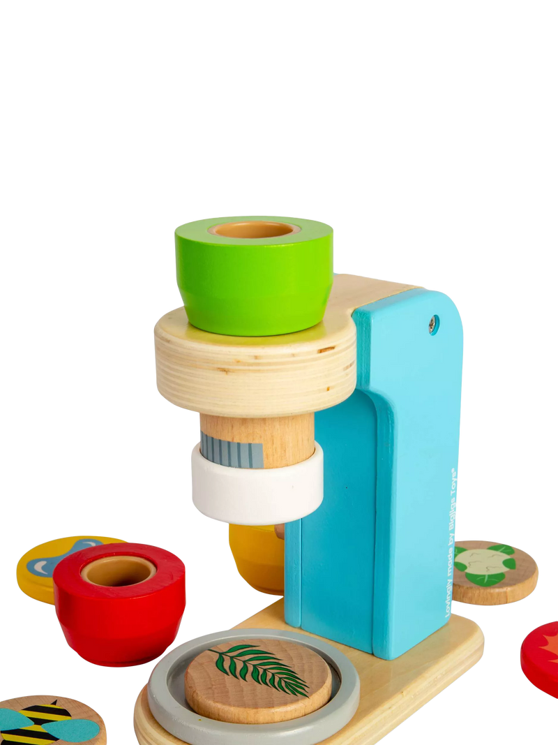 Bigjigs Toys wooden microscope with lenses and disks, UK version