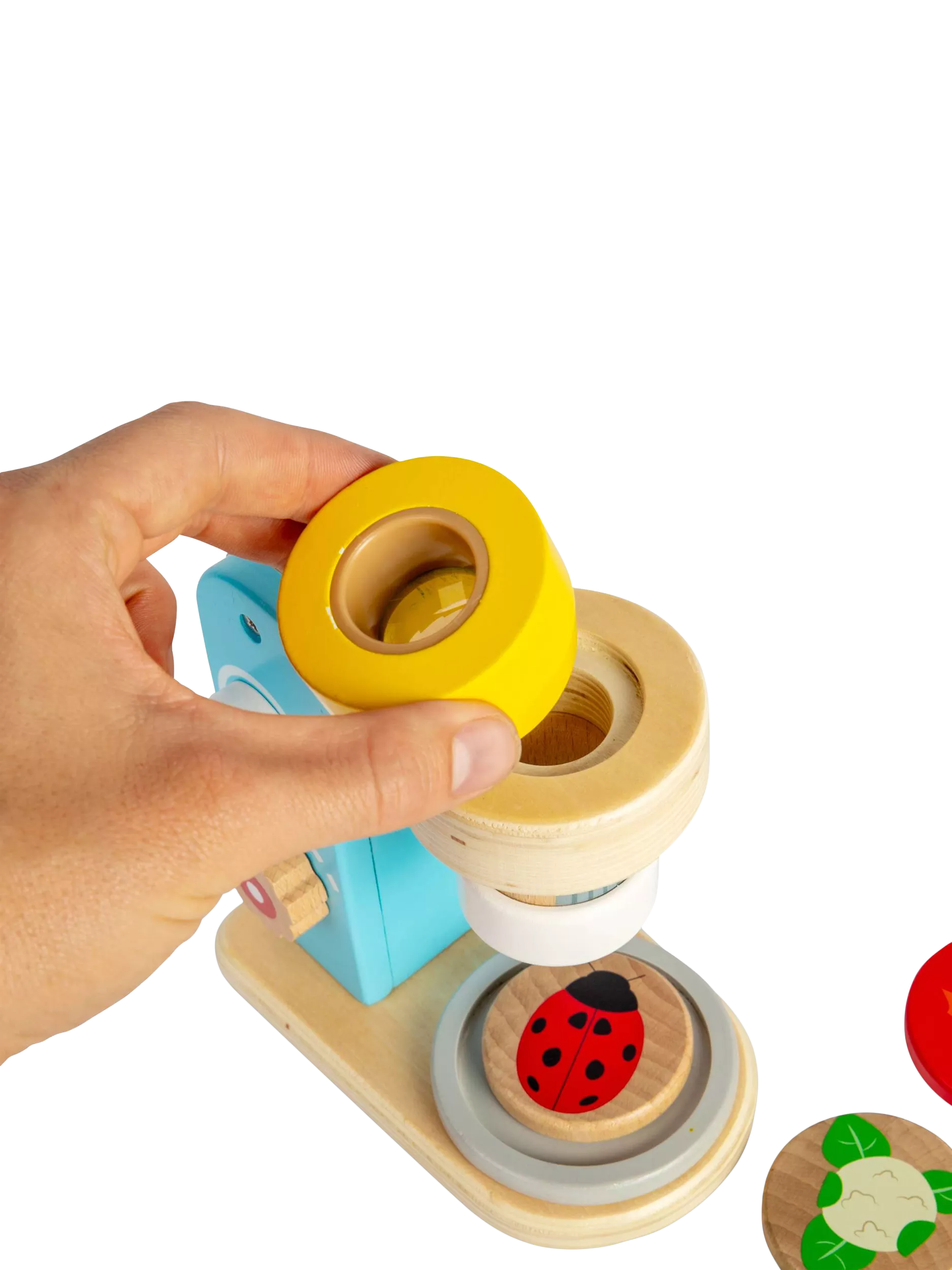 Bigjigs Toys wooden microscope with lenses and disks, UK version
