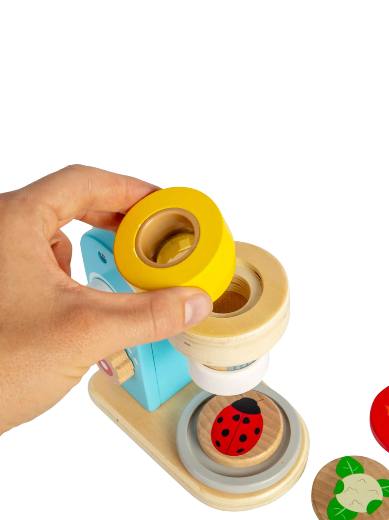 Bigjigs Toys wooden microscope with lenses and disks, UK version