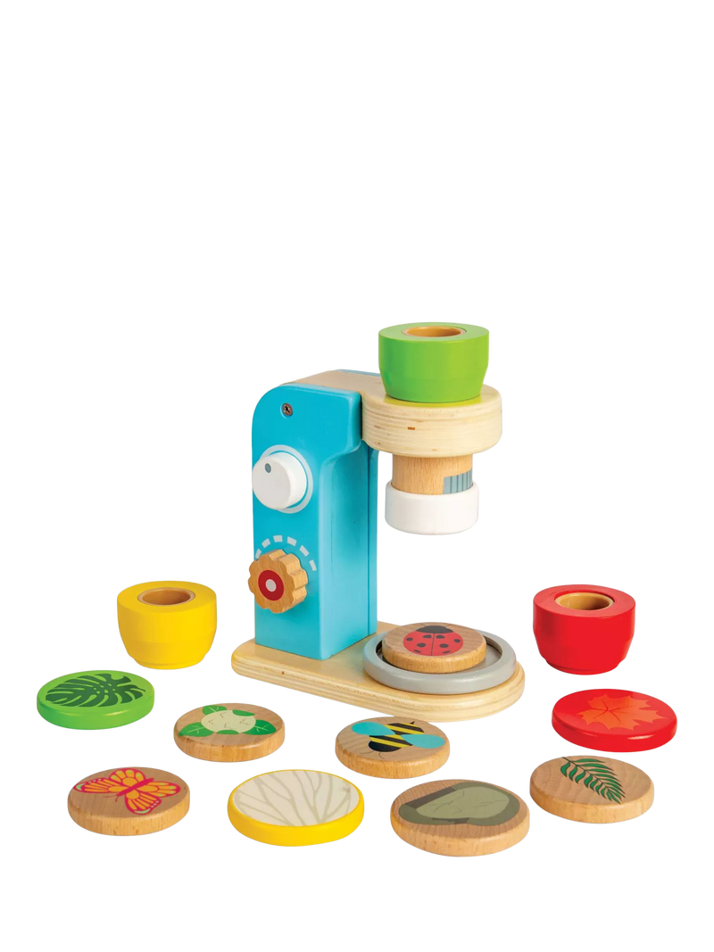 Bigjigs Toys wooden microscope with lenses and disks, UK version