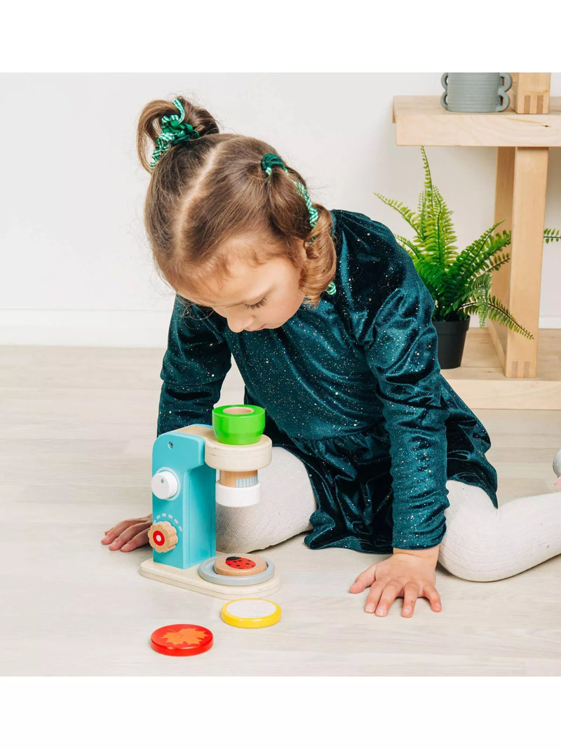 Bigjigs Toys wooden microscope with lenses and disks, UK version