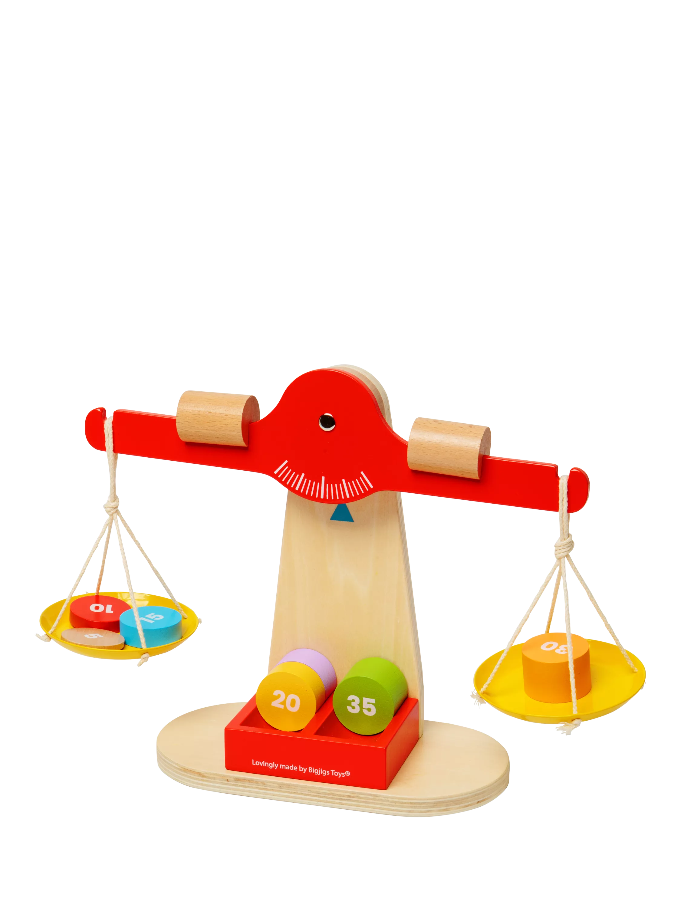 Bigjigs Toys wooden balancing scales with numbered disks - British product