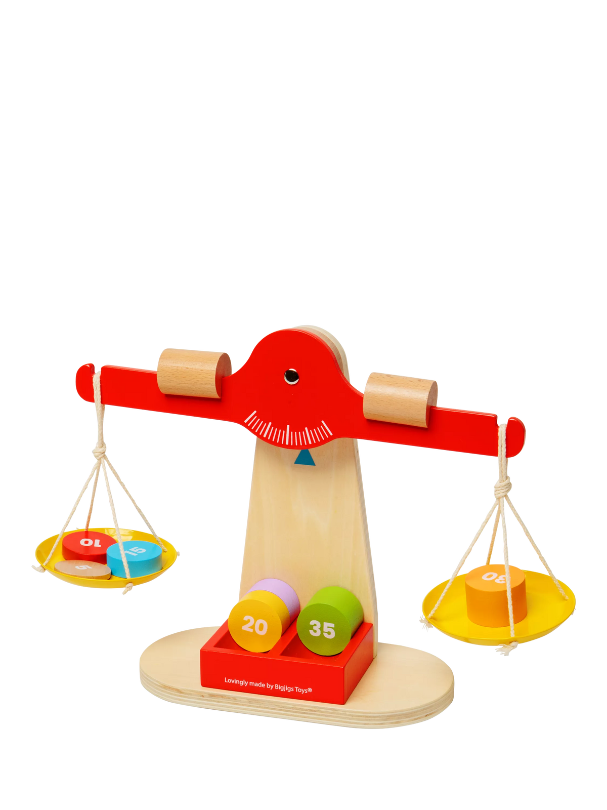 Bigjigs Toys wooden balancing scales with numbered disks - British product