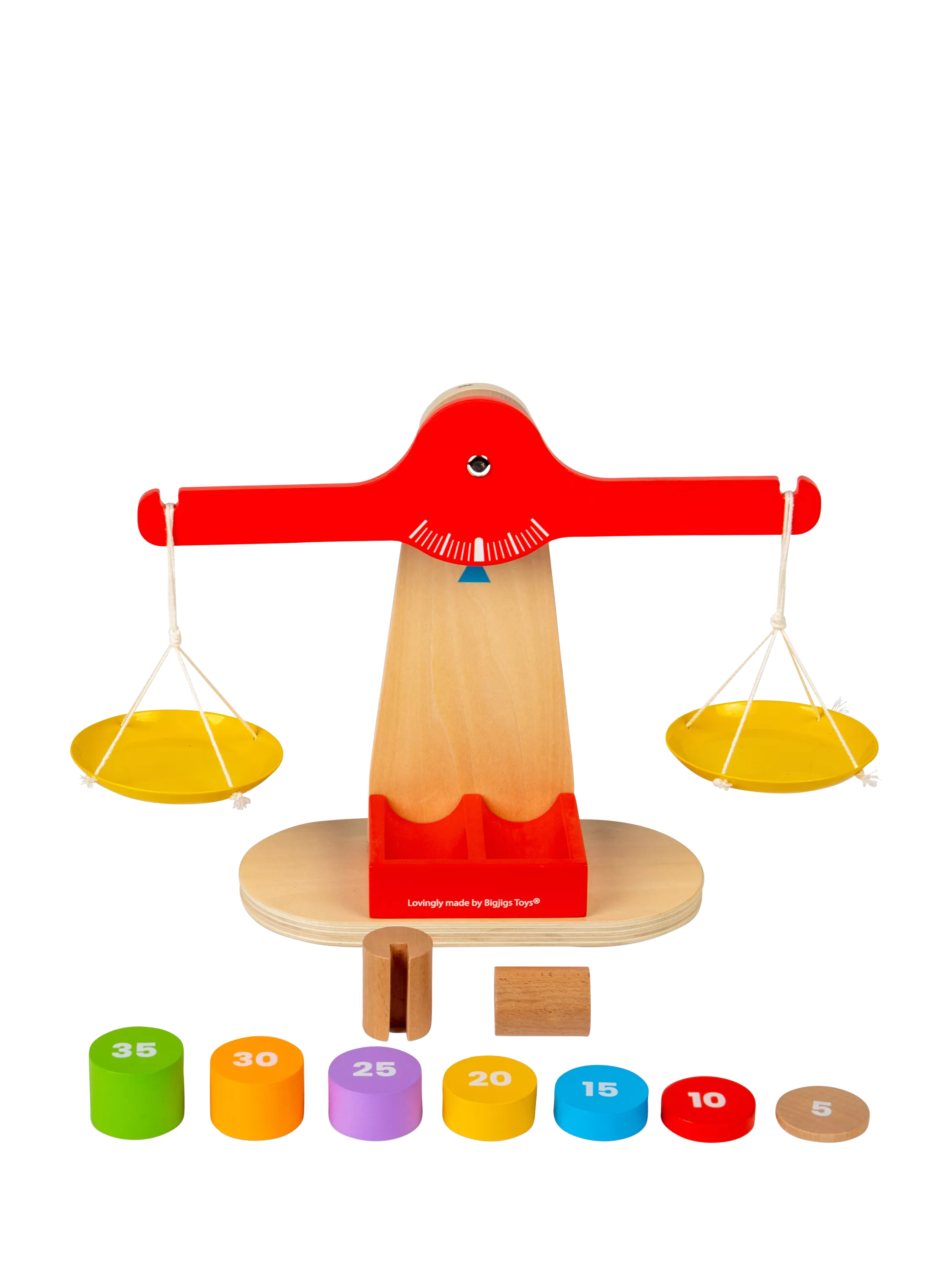 Bigjigs Toys wooden balancing scales with numbered disks - British product