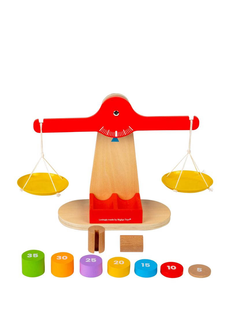 Bigjigs Toys wooden balancing scales with numbered disks - British product