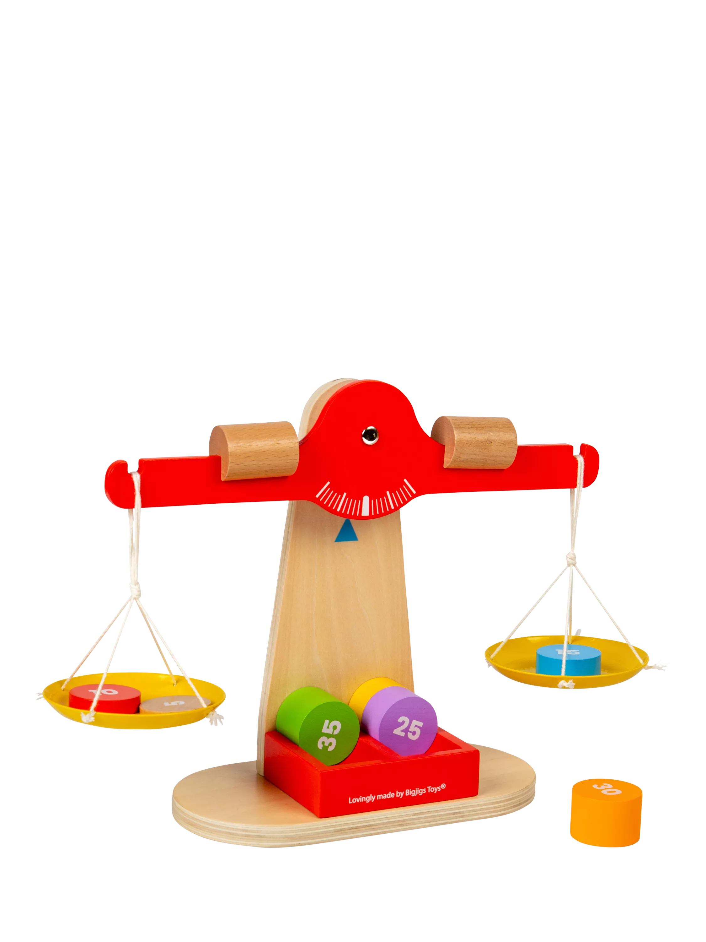 Bigjigs Toys wooden balancing scales with numbered disks - British product