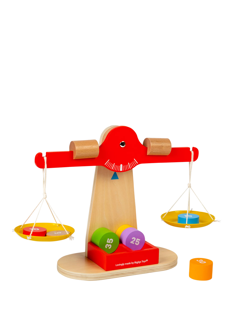 Bigjigs Toys wooden balancing scales with numbered disks - British product
