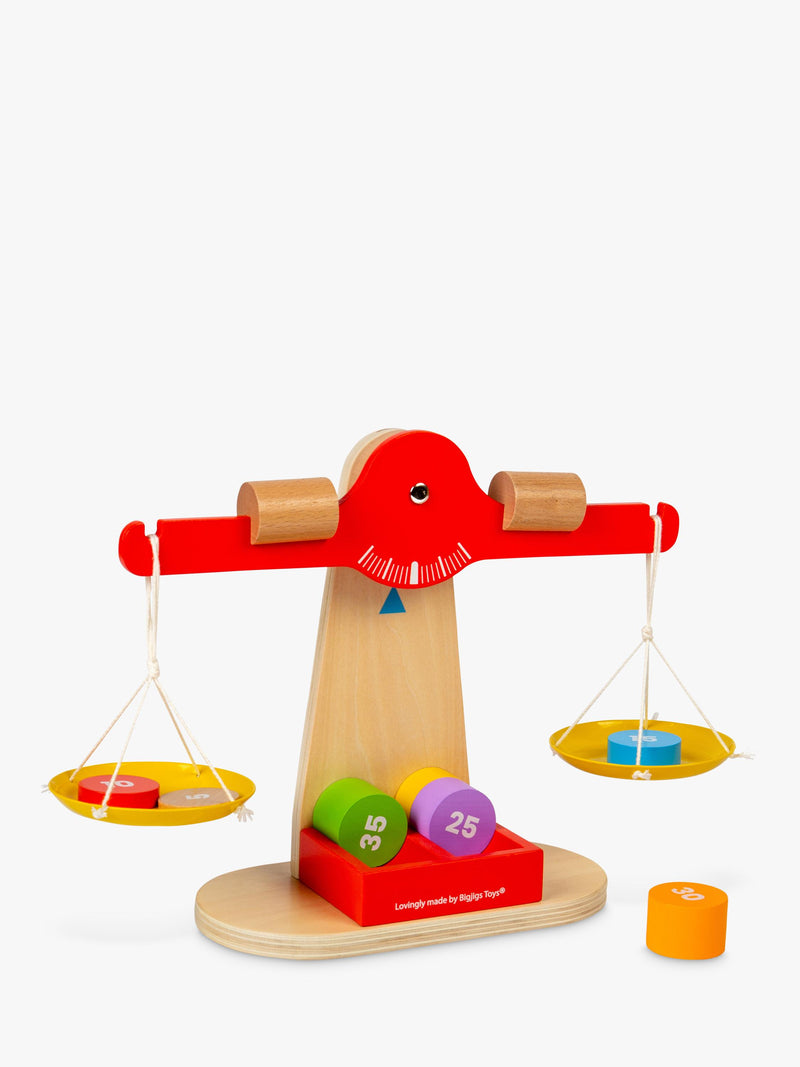 Bigjigs Toys wooden balancing scales with numbered disks - British product