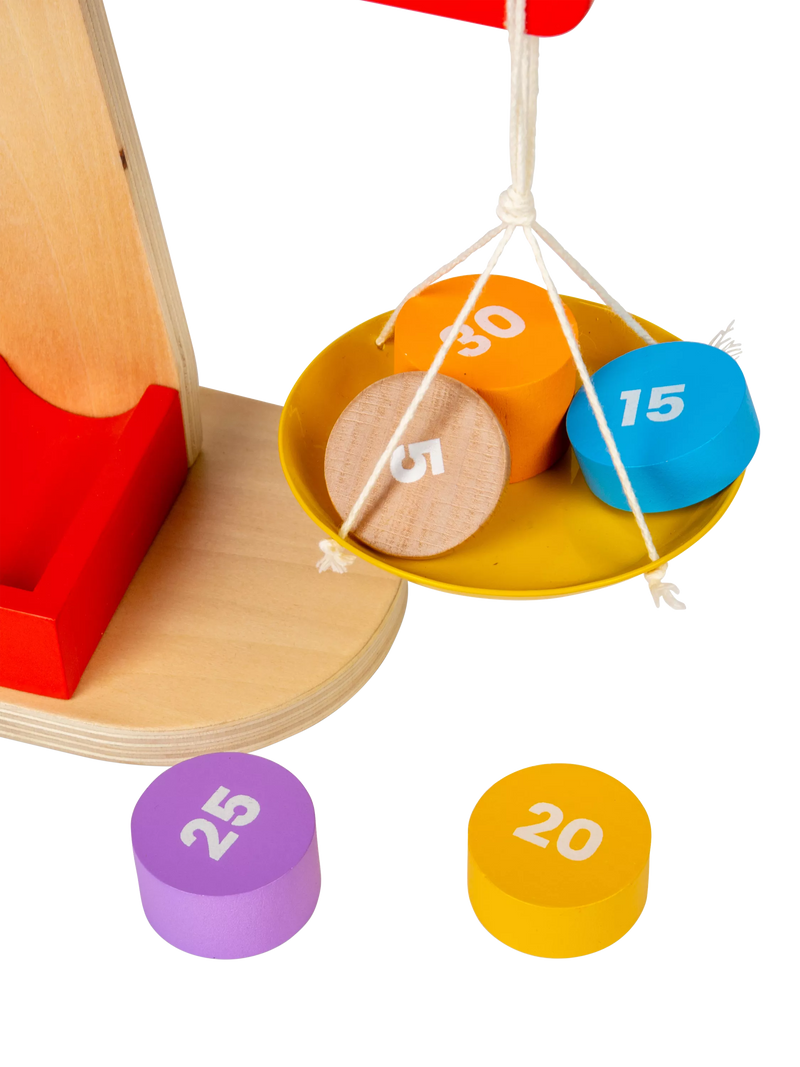 Bigjigs Toys wooden balancing scales with numbered disks - British product